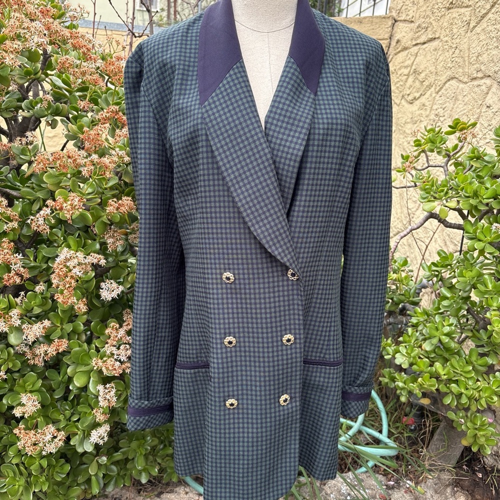 VTG 90s Green and Navy Double-Breasted Plaid Preppy Blazer